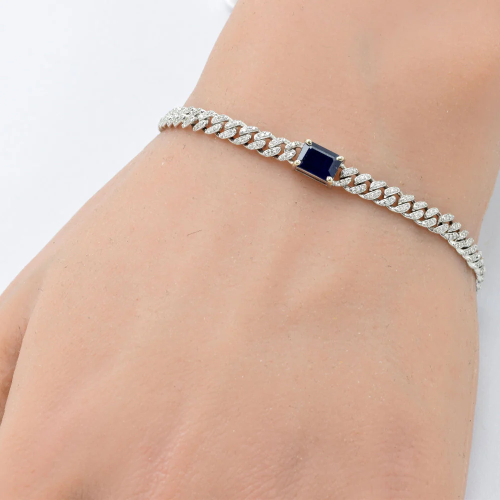 <span style="color:purple">SPECIAL!</span> 2.02ct G SI 14K White Gold Blue Sapphire Gemstone & Diamond Cuban Bracelet 6+1.5" Long - Image 2