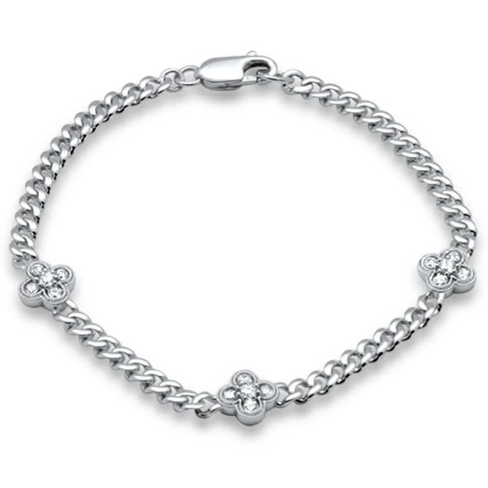 <span style="color:purple">SPECIAL!</span> .59ct G SI 14K White Gold Diamond Cuban Chain Flower Bracelet 7" Long