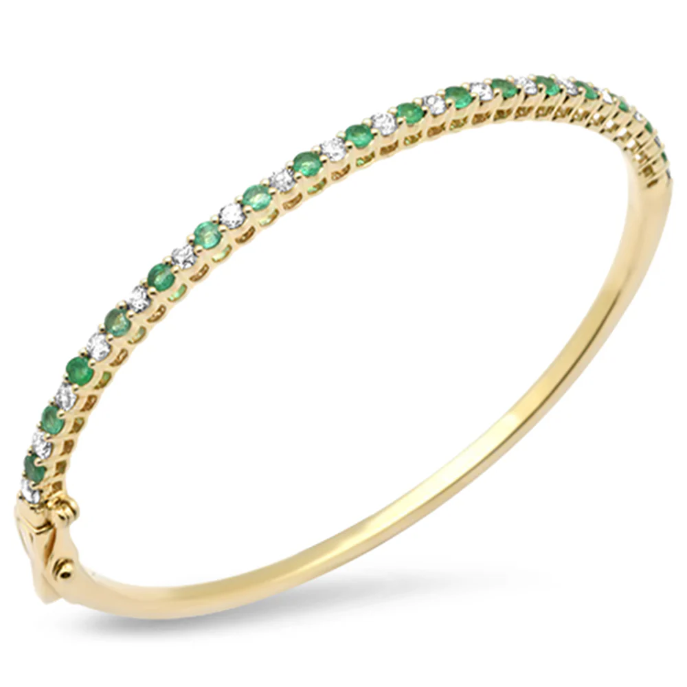 <span>GEMSTONE CLOSEOUT! </span> 1.83ct G SI 14K Yellow Gold Diamond Emerald Gemstone Bangle Bracelet