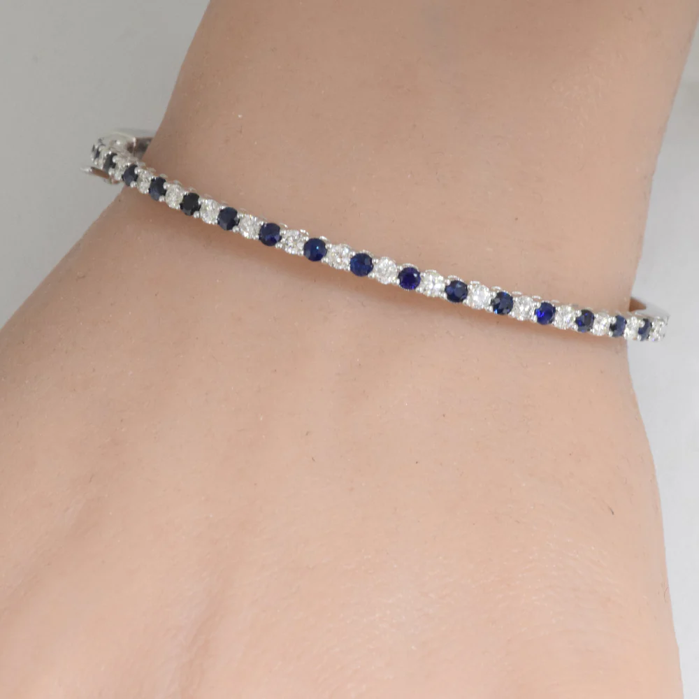 <span style="color:purple">SPECIAL!</span> 2.25ct G SI 14K White Gold Diamond & Blue Sapphire Gemstone Bangle Bracelet - Image 2