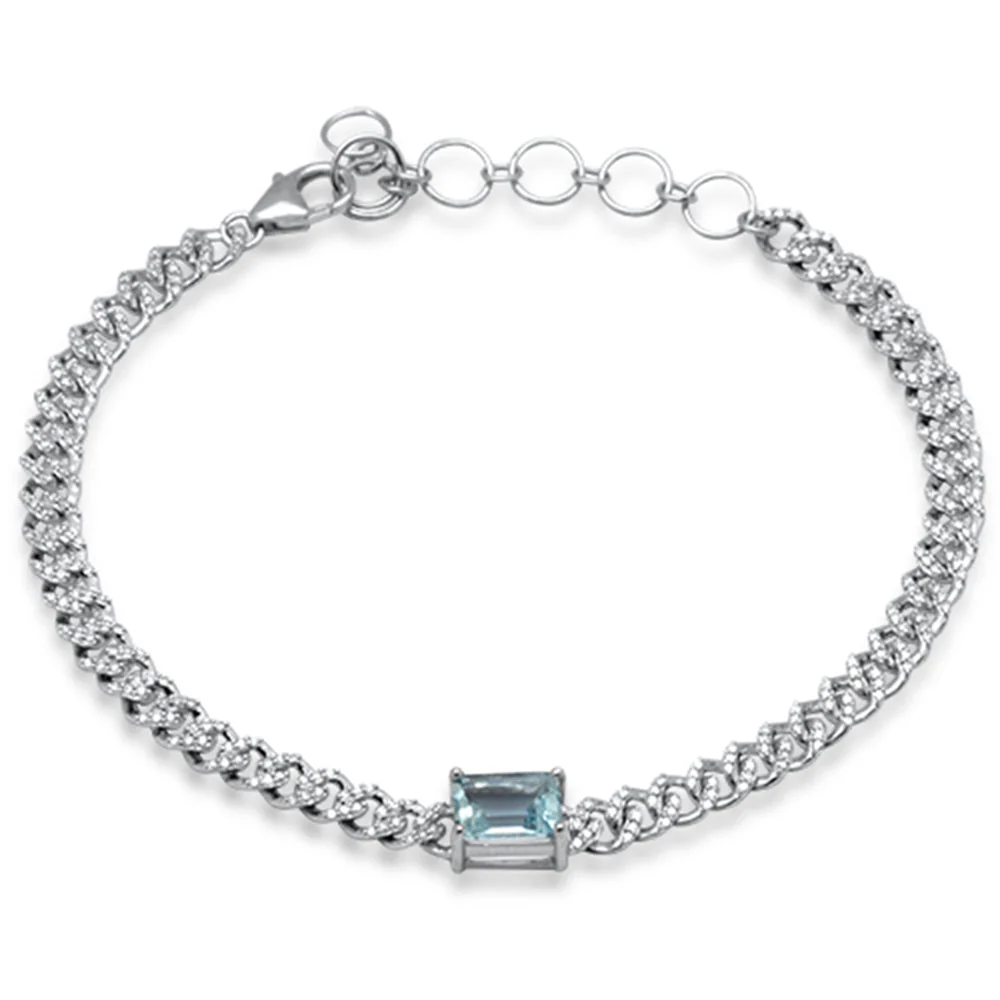 <span style="color:purple">SPECIAL!</span>1.09ct G SI 14K White Gold Aqua Gemstone & Diamond Cuban Bracelet 6+1.5" Long