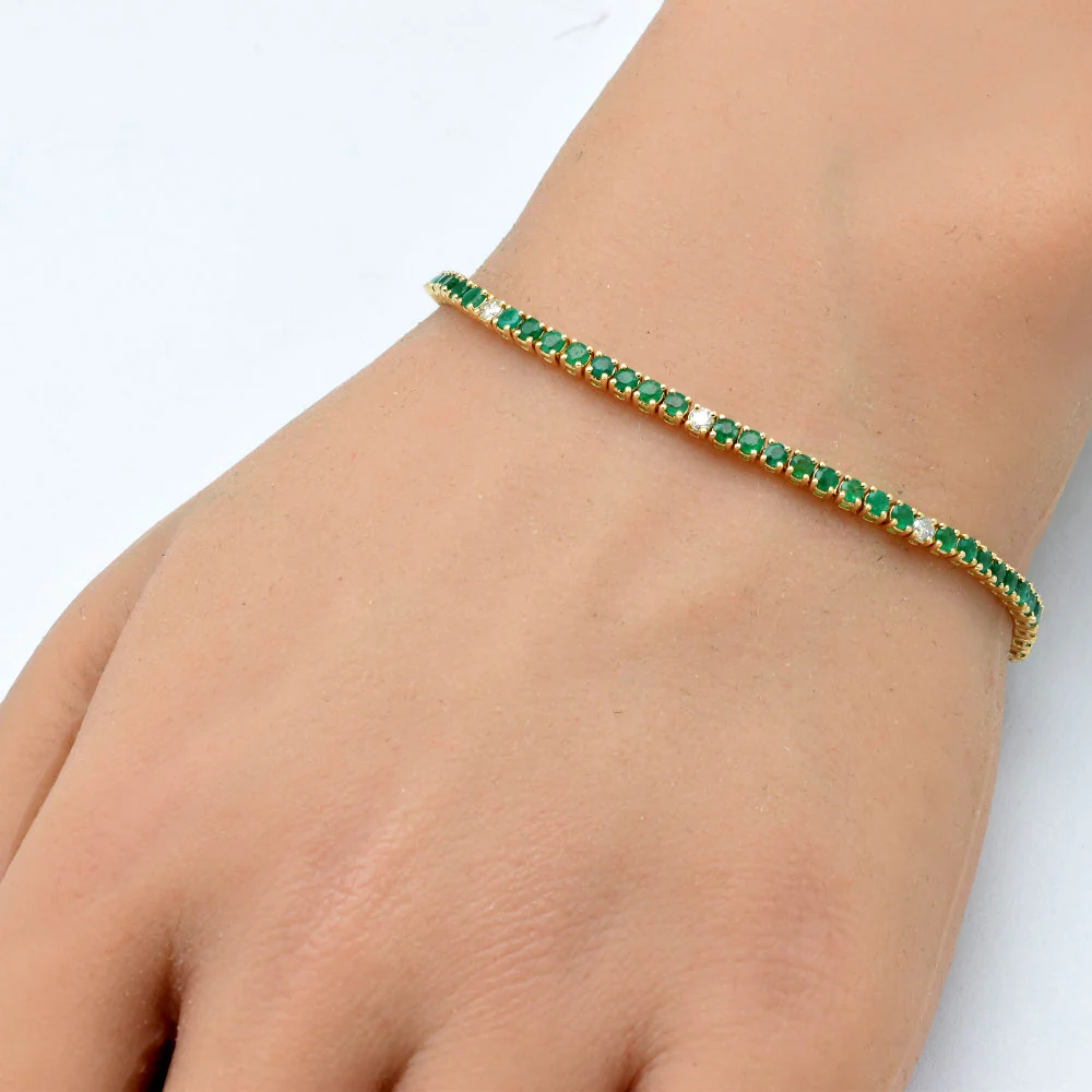 <span style="color:purple">SPECIAL!</span>2.67ct G SI 14K Yellow Gold Diamond & Green Emerald Tennis Bracelet 7" Long - Image 2