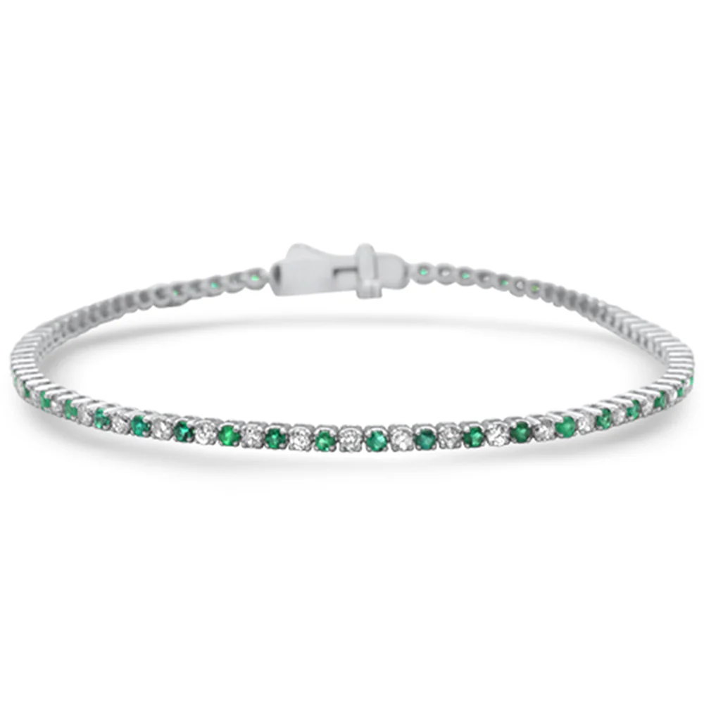 <span style="color:purple">SPECIAL!</span> 1.88ct White Gold Diamond & Emerald Gemstone Tennis Bracelet 7" Long