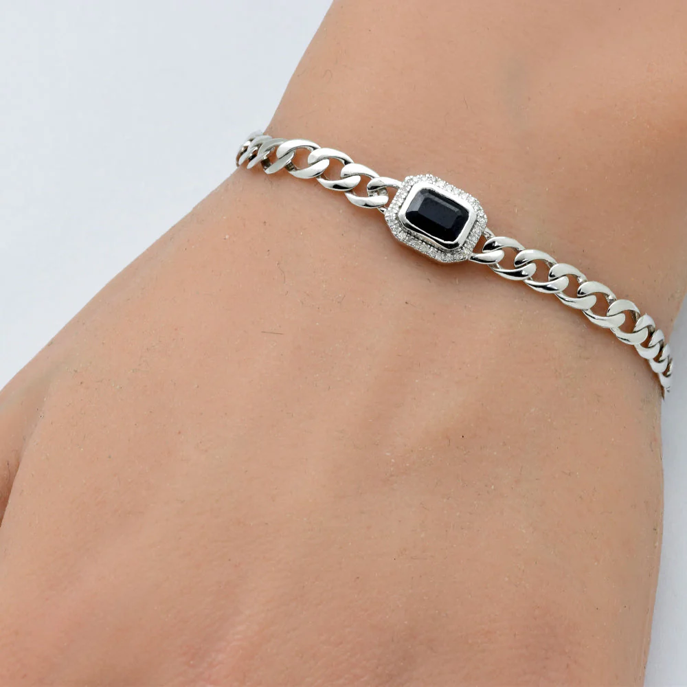 <span>GEMSTONE CLOSEOUT! </span> 1.43ct G SI 14K White Gold Diamond & Blue Sapphire Cuban Bracelet 7" Long - Image 2