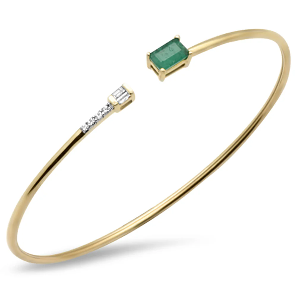 <span>GEMSTONE CLOSEOUT! </span> .69ct G SI 14K Yellow Gold Diamond & Emerald Gemstones Open Bangle Bracelet 56mm