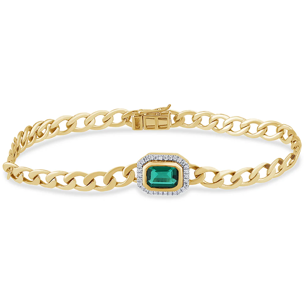 <span style="color:purple">SPECIAL!</span> 2.04ct G SI 14K Yellow Gold Diamonds & Emerald Gemstones Cuban Bracelet 7" Long