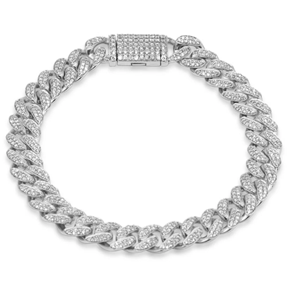 <span style="color:purple">SPECIAL!</span>9MM 2.54ct G SI 10K White Gold Diamond Micro Pave Round Miami Cuban Bracelet 8" Long