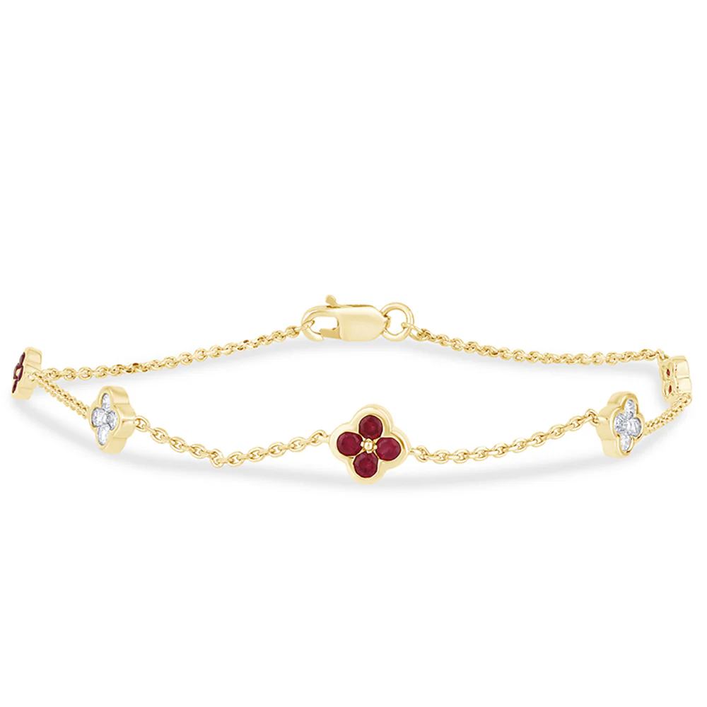 <span style="color:purple">SPECIAL!</span> .50ct G SI 14K Yellow Gold Diamond & Ruby Gemstones Flower Bracelet 7" Long