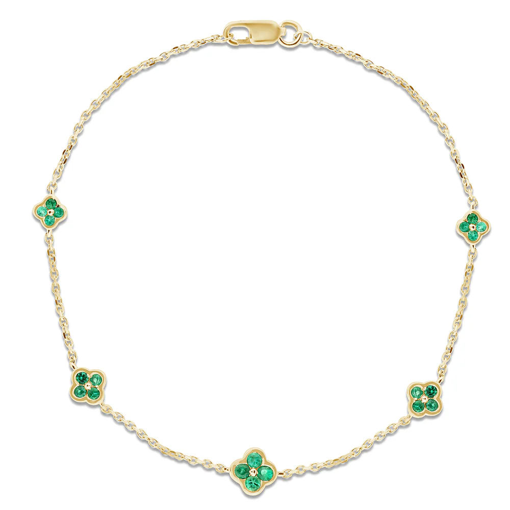 <span style="color:purple">SPECIAL!</span> .40ct G SI 14K Yellow Gold Emerald Gemstones Flower Bracelet 7" Long