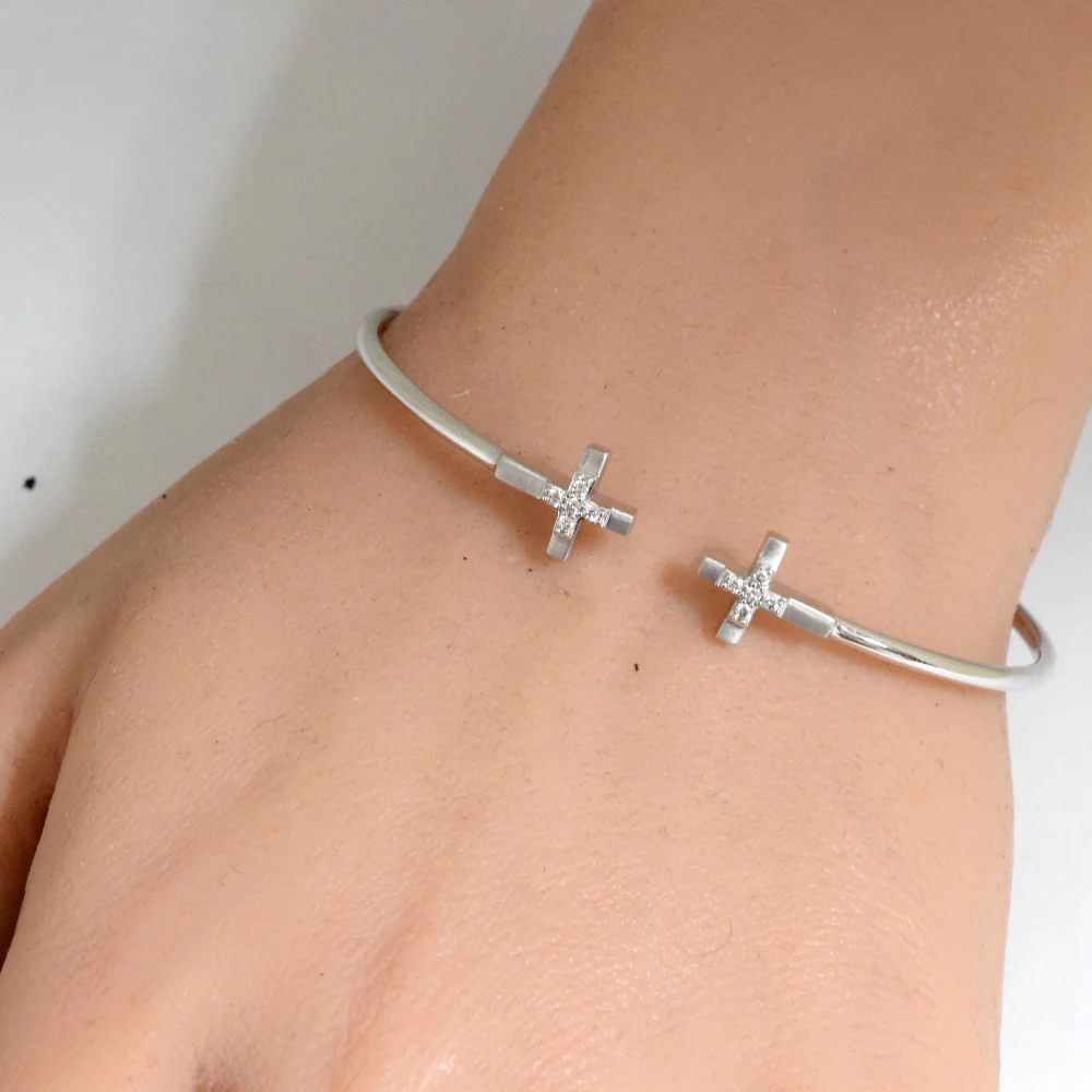 <span style="color:purple">SPECIAL!</span> .10ct G SI 14K White Gold Diamond Flexible Cross Open Bangle Bracelet - Image 2