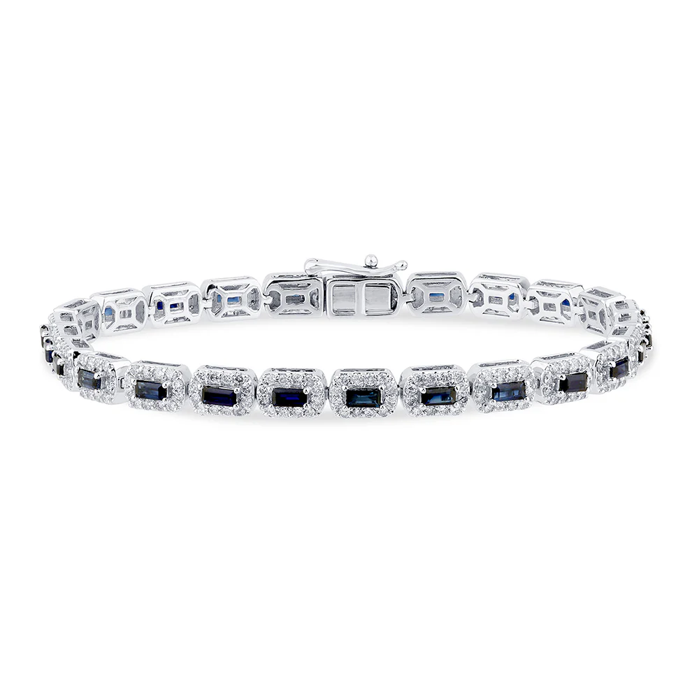 <span style="color:purple">SPECIAL!</span> 4.41ct G SI 14K White Gold Diamond & Blue Sapphire Gemstones Tennis Bracelet 7" Long