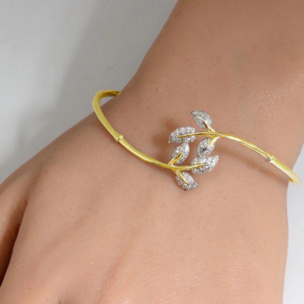 <span style="color:purple">SPECIAL!</span>.48ct G SI 14K Yellow Gold Diamond Flexible Leaf Bangle Bracelet - Image 2