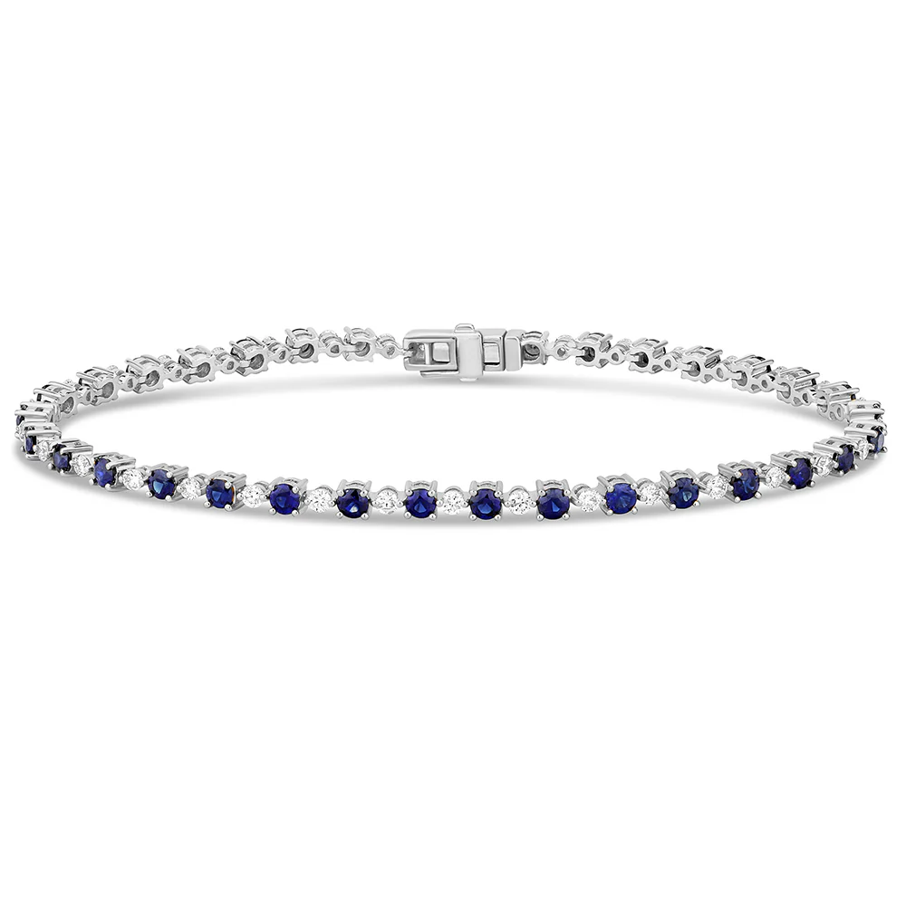<span style="color:purple">SPECIAL!</span> 3.28ct G SI 14K White Gold Diamond & Blue Sapphire Gemstones Tennis Bracelet 7" Long