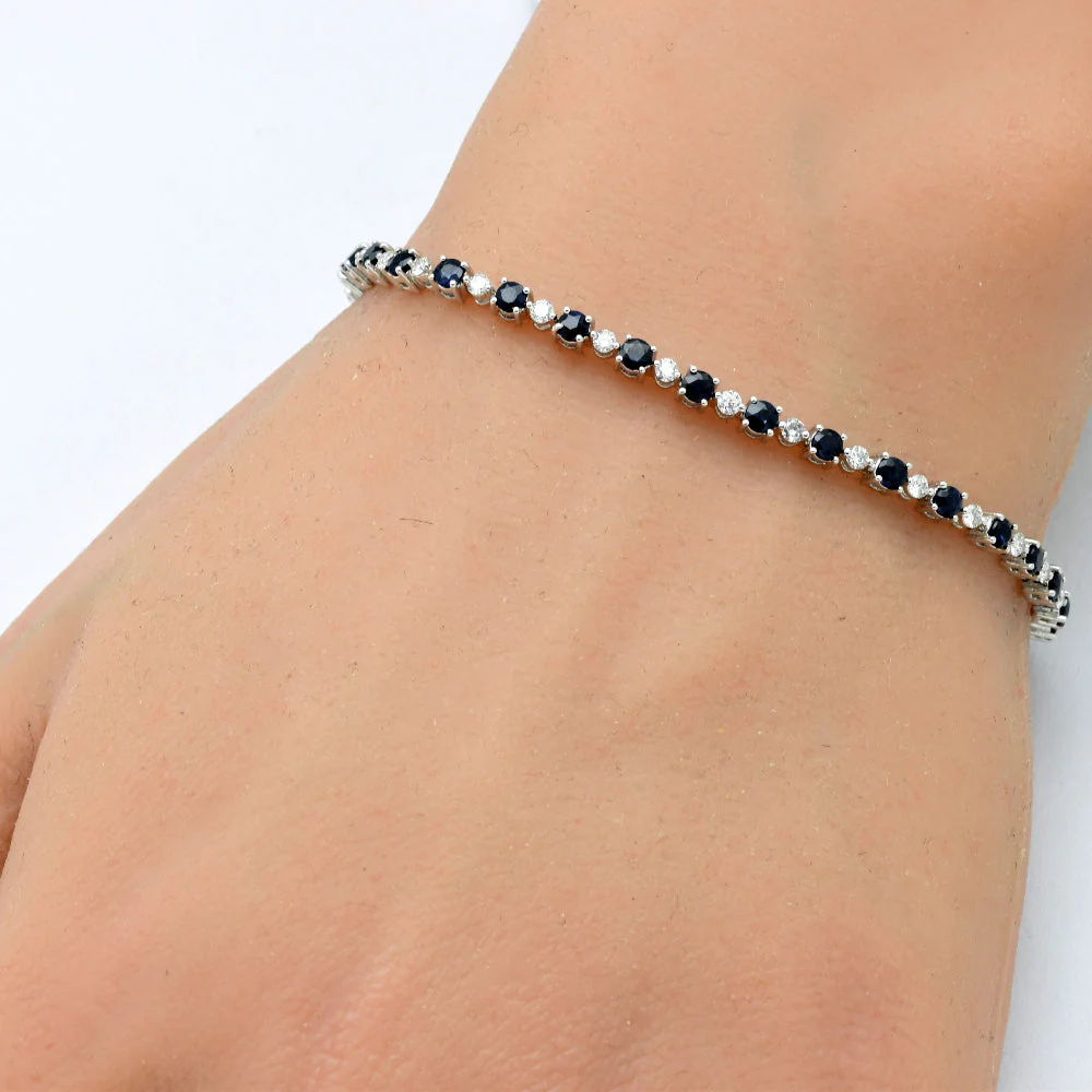 <span style="color:purple">SPECIAL!</span> 3.28ct G SI 14K White Gold Diamond & Blue Sapphire Gemstones Tennis Bracelet 7" Long - Image 2