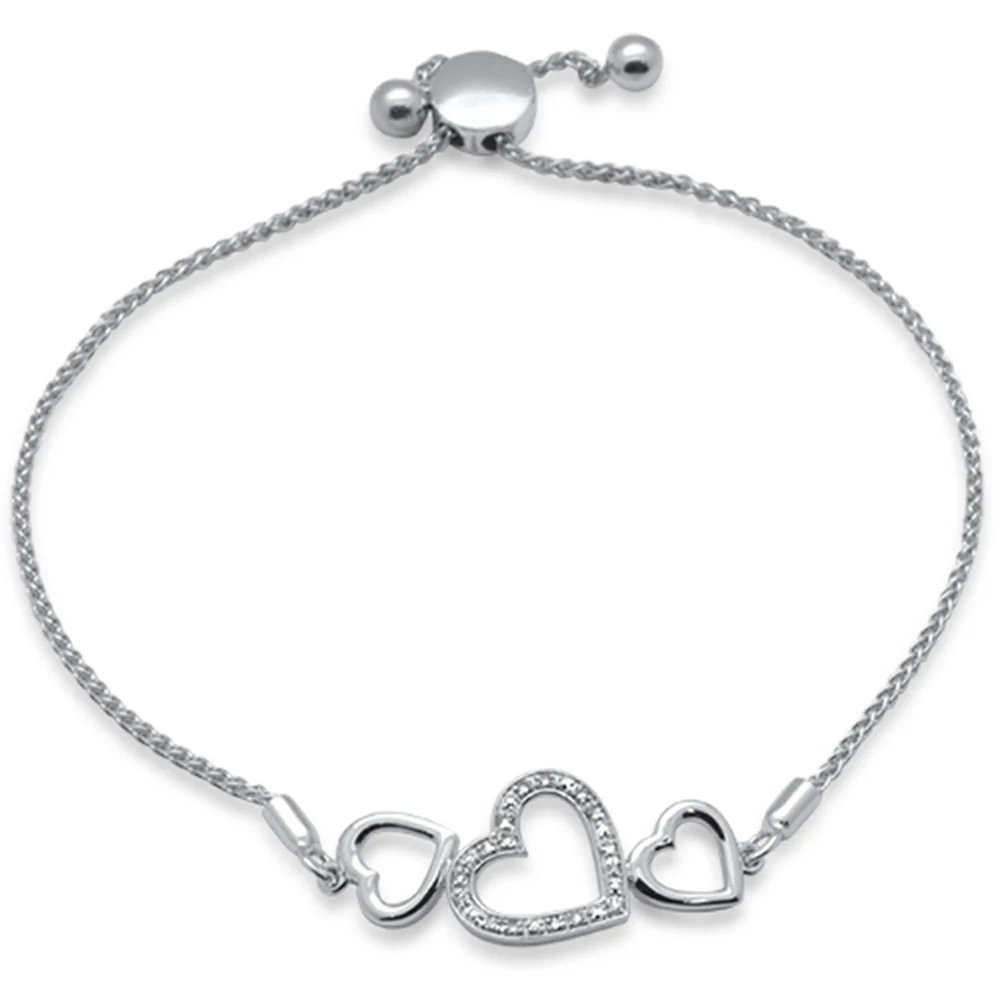 <span style="color:purple">SPECIAL!</span>.05ct G SI 14K White Gold Diamond Heart Shapes Adjustable Bola Bracelet 7.25" Long Adjustable