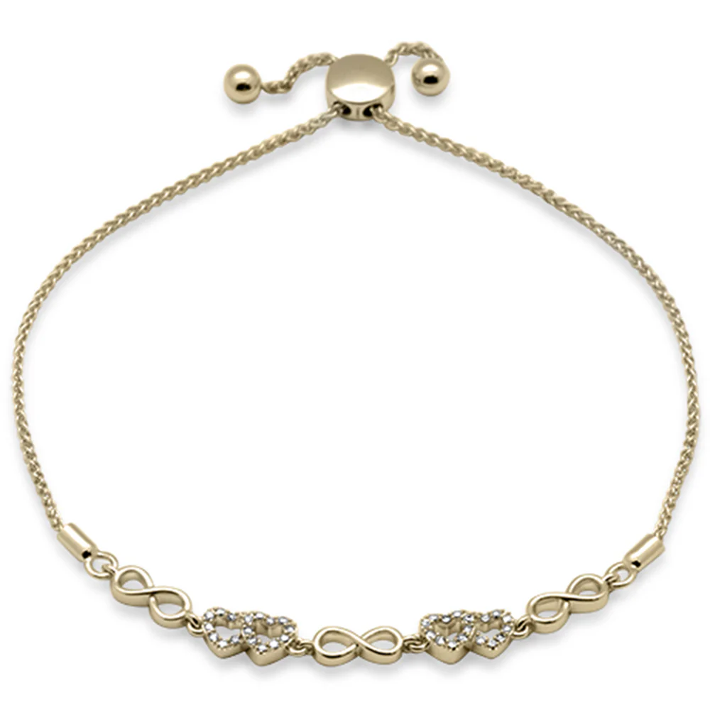 <span style="color:purple">SPECIAL!</span>.09ct G SI 14K Yellow Gold Diamond Infinty & Heart Adjustable Bola Bracelet 7.25" Long Adjustable