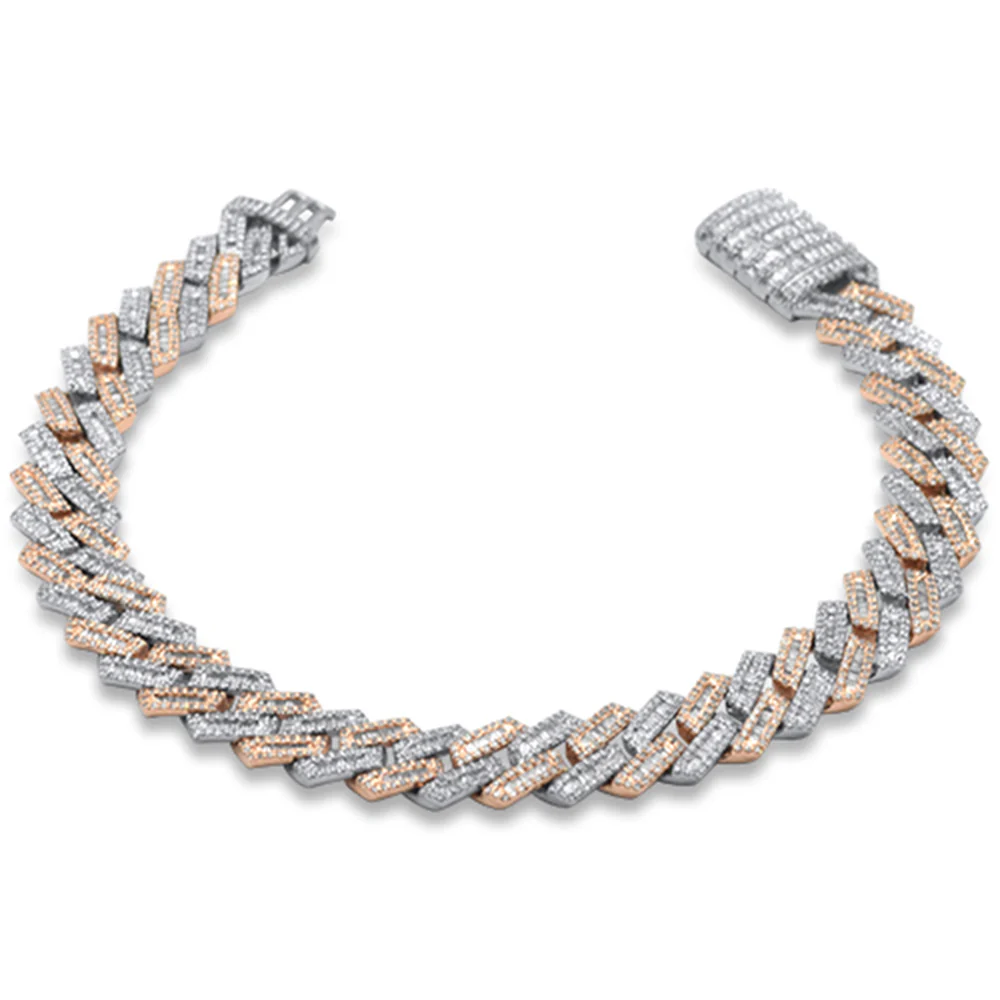 <span style="color:purple">SPECIAL!</span> 9mm 3.14ct G SI 14K Two Tone Rose & White Gold Round & Baguette Diamond Square Cuban Bracelet 8" Long