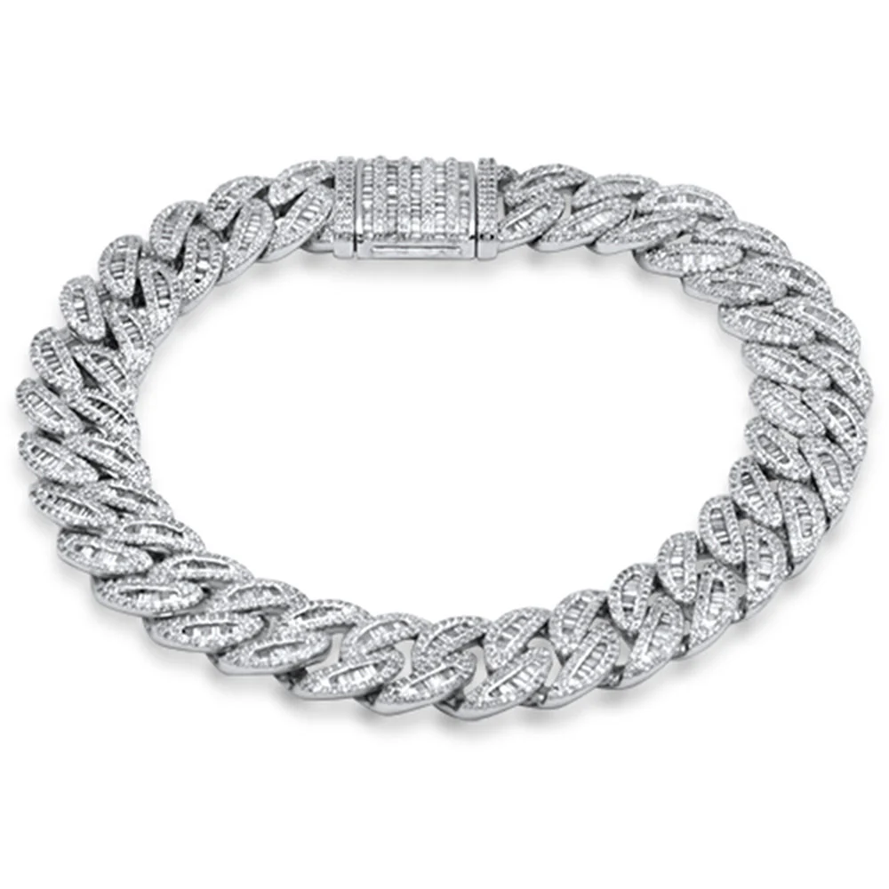<span style="color:purple">SPECIAL!</span>11MM 4.75ct G SI 14K White Gold Round & Baguette Diamond Cuban Bracelet 8" Long