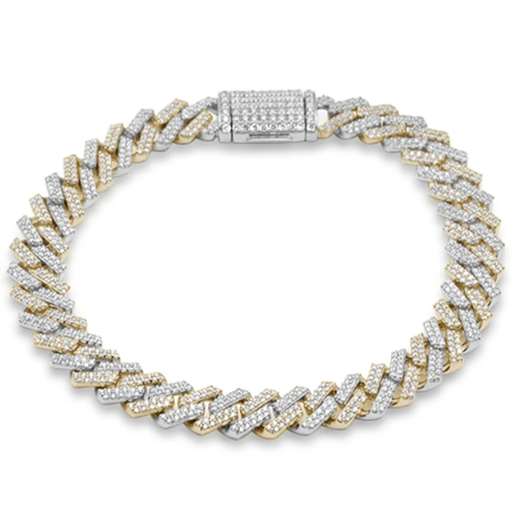 <span style="color:purple">SPECIAL!</span>7MM 2.16ct G SI 14K Two Tone Yellow & White Gold Diamond Square Cuban Bracelet 8" Long