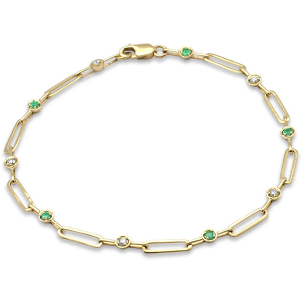 <span style="color:purple">SPECIAL!</span> .23ct G SI 14K Yellow Gold Diamond Emerald Gemstones Paper Clip Bracelet 7" Long