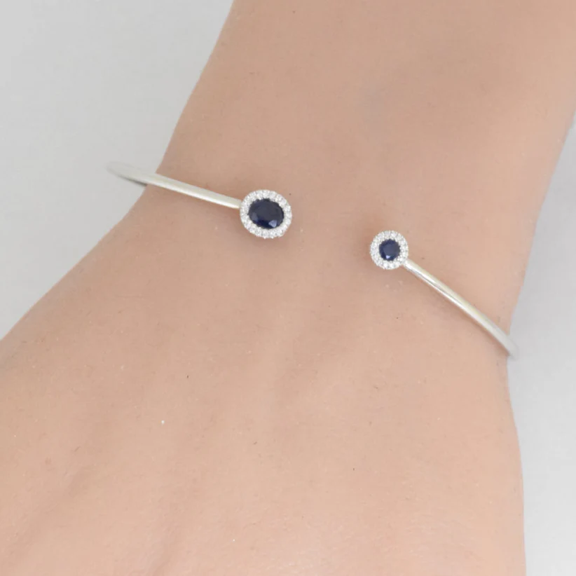 <span style="color:purple">SPECIAL!</span> .60ct G SI 14K White Gold Diamond & Blue Sapphire Gemstones Open Bangle Bracelet - Image 2