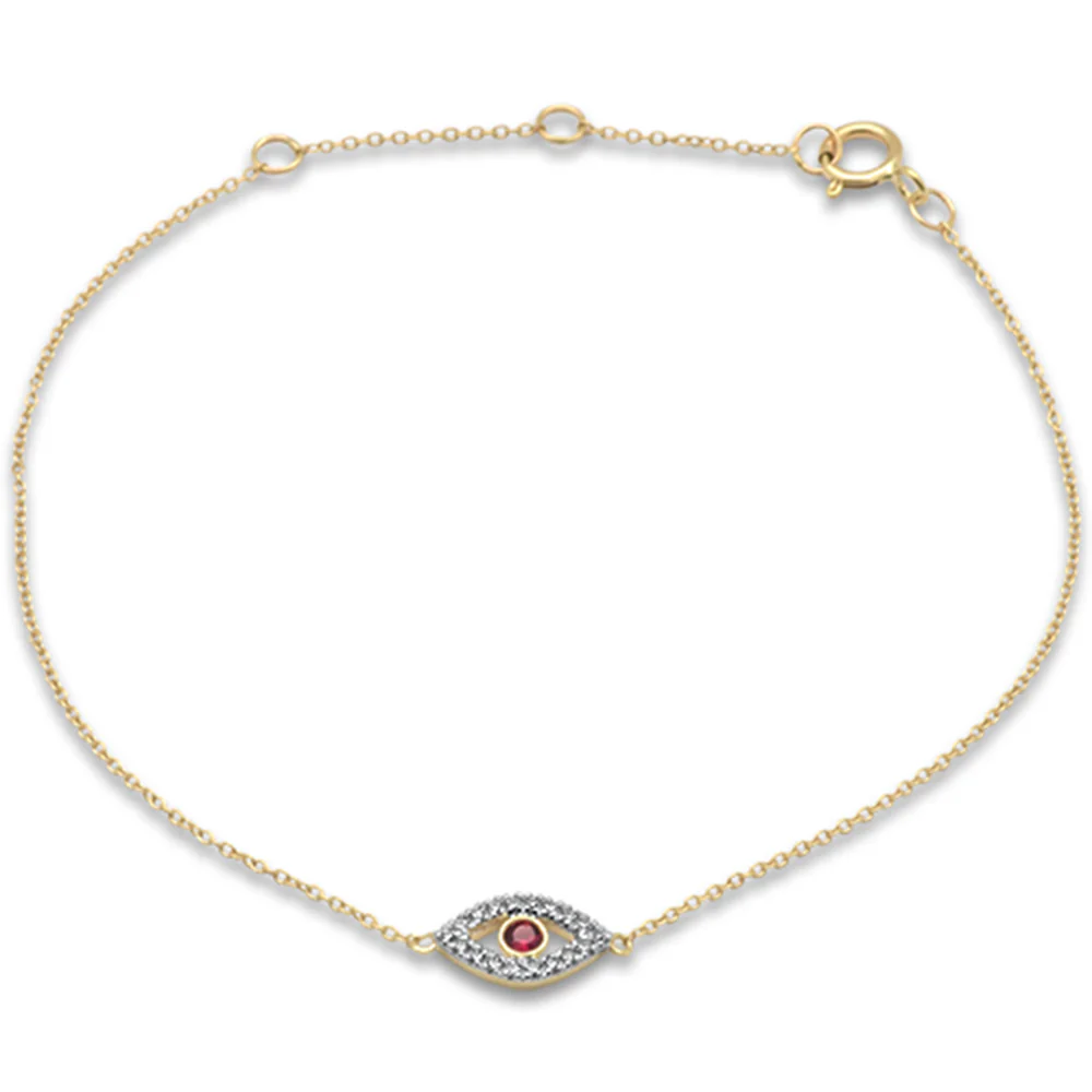 .11ct G SI 14K Yellow Gold Diamond & Ruby Gemstones Evil Eye Bracelet 7" Long Adjustable