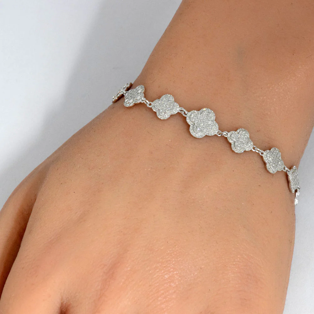 <span style="color:purple">SPECIAL!</span> 1.19ct G SI 14K White Gold Diamond Clover Bracelet 7" Long - Image 2