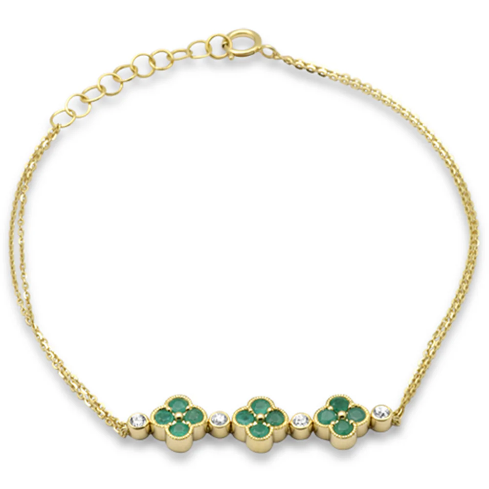 <span style="color:purple">SPECIAL!</span> .60ct G SI 14K Yellow Gold Diamond & Emerlad Clover Bracelet Adjustable