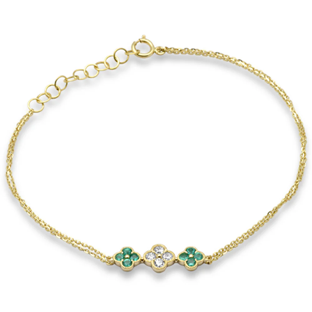 <span style="color:purple">SPECIAL!</span> .39ct G SI 14K Yellow Gold Diamond & Emerald Gemstones Chain Bracelet 7.25" Long