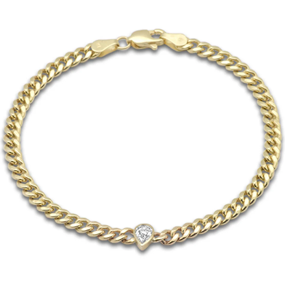 <span style="color:purple">SPECIAL!</span> .31ct G SI 14K Yellow Gold Pear Shape Diamond Cuban Bracelet 7" Long