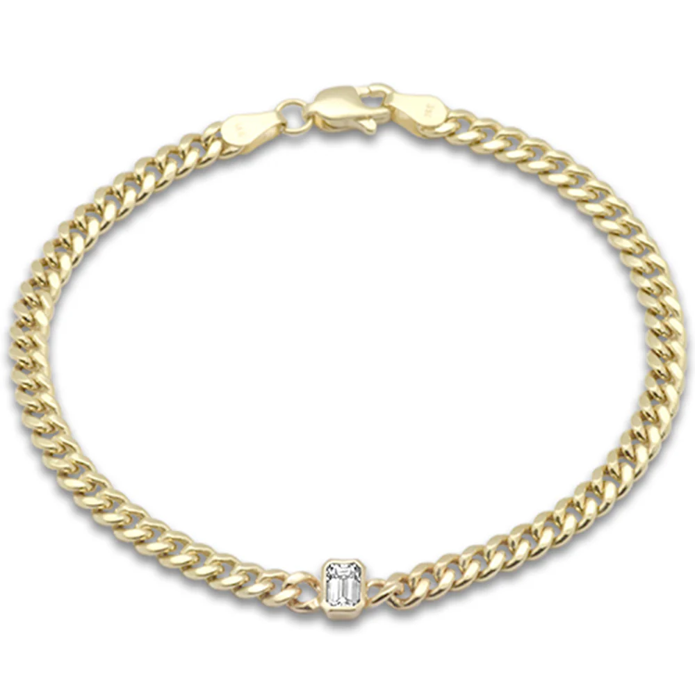 <span style="color:purple">SPECIAL!</span> .30ct G SI 14K Yellow Gold Emerald Cut Diamond Cuban Bracelet 7" Long