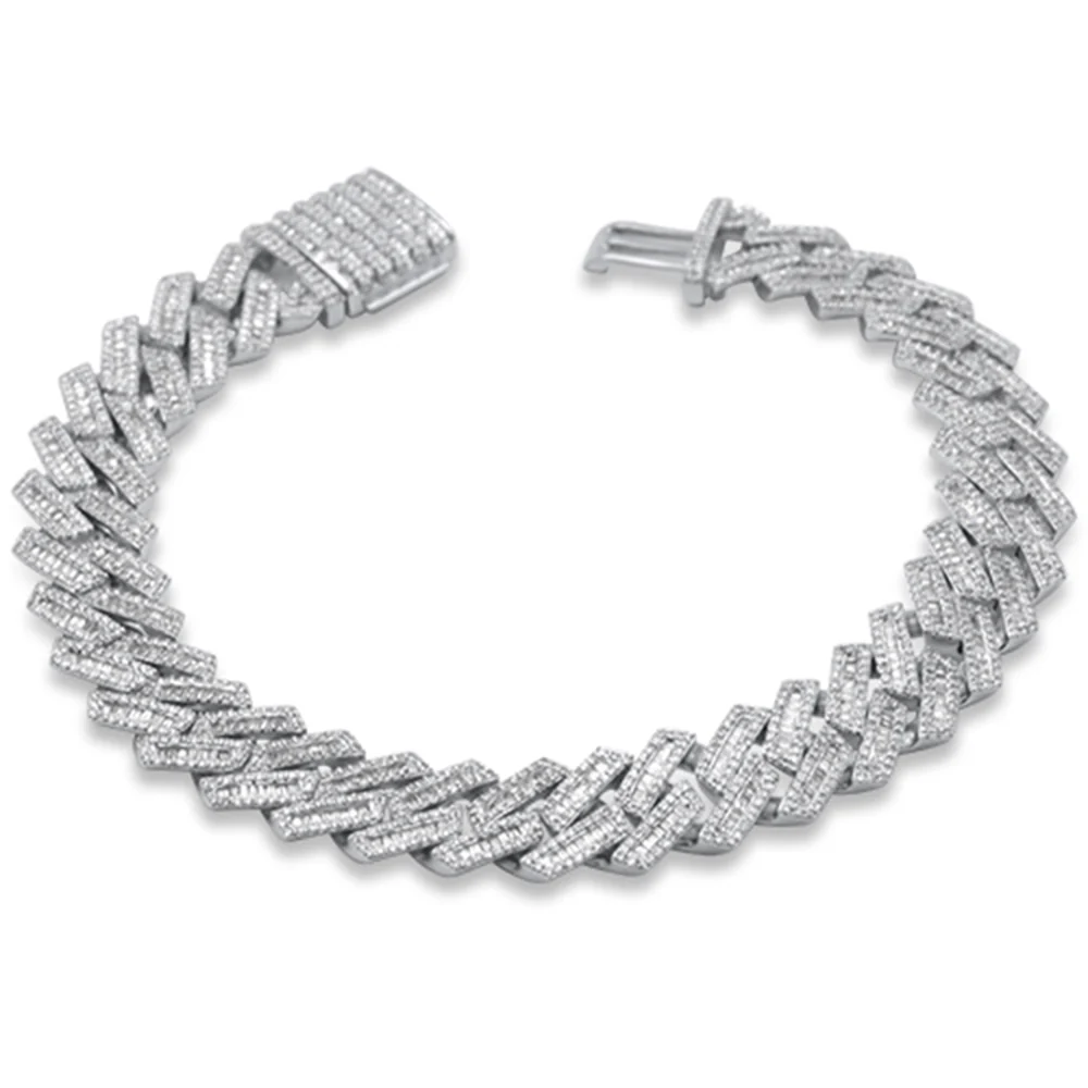<span style="color:purple">SPECIAL!</span> 11mm 4.46ct G SI 14K White Gold Round & Baguette Diamond Square Cuban Bracelet 8" Long