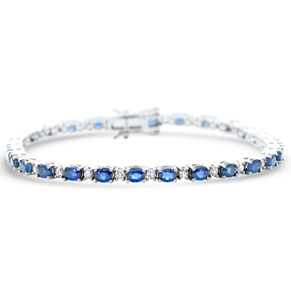 <span style="color:purple">SPECIAL!</span> 7.68ct G SI 14K White Gold Diamond & Blue Sapphire Gemstone Bracelet 7" Long