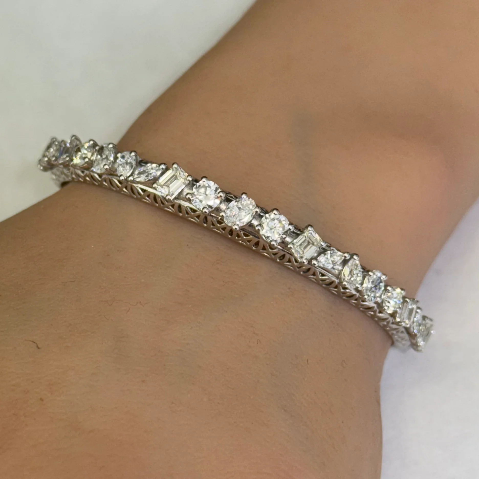 <span style="color:purple">SPECIAL!</span> 4.31ct G SI 14K White Gold Fancy Diamond Multi Shapes Bangle Bracelet - Image 2