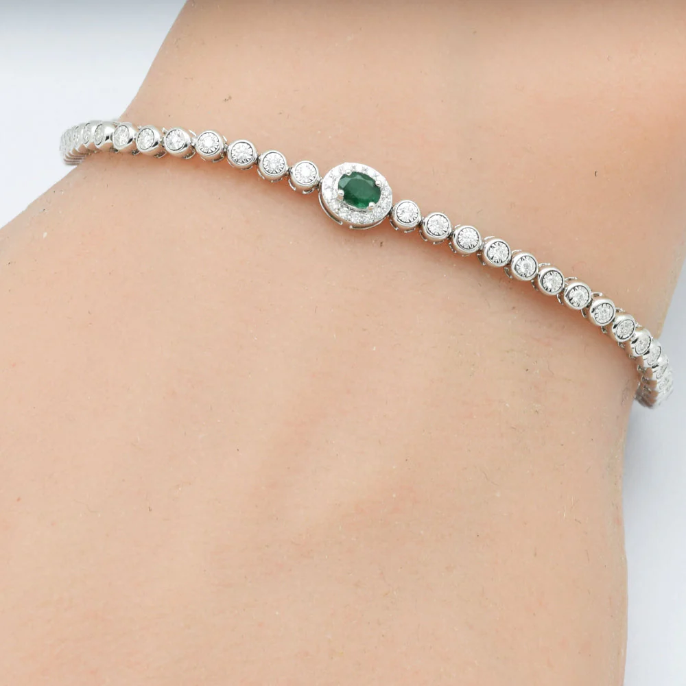<span style="color:purple">SPECIAL!</span> .41ct G SI 14K White Gold Round Diamond & Emerald Gemstone Bracelet 7" - Image 2