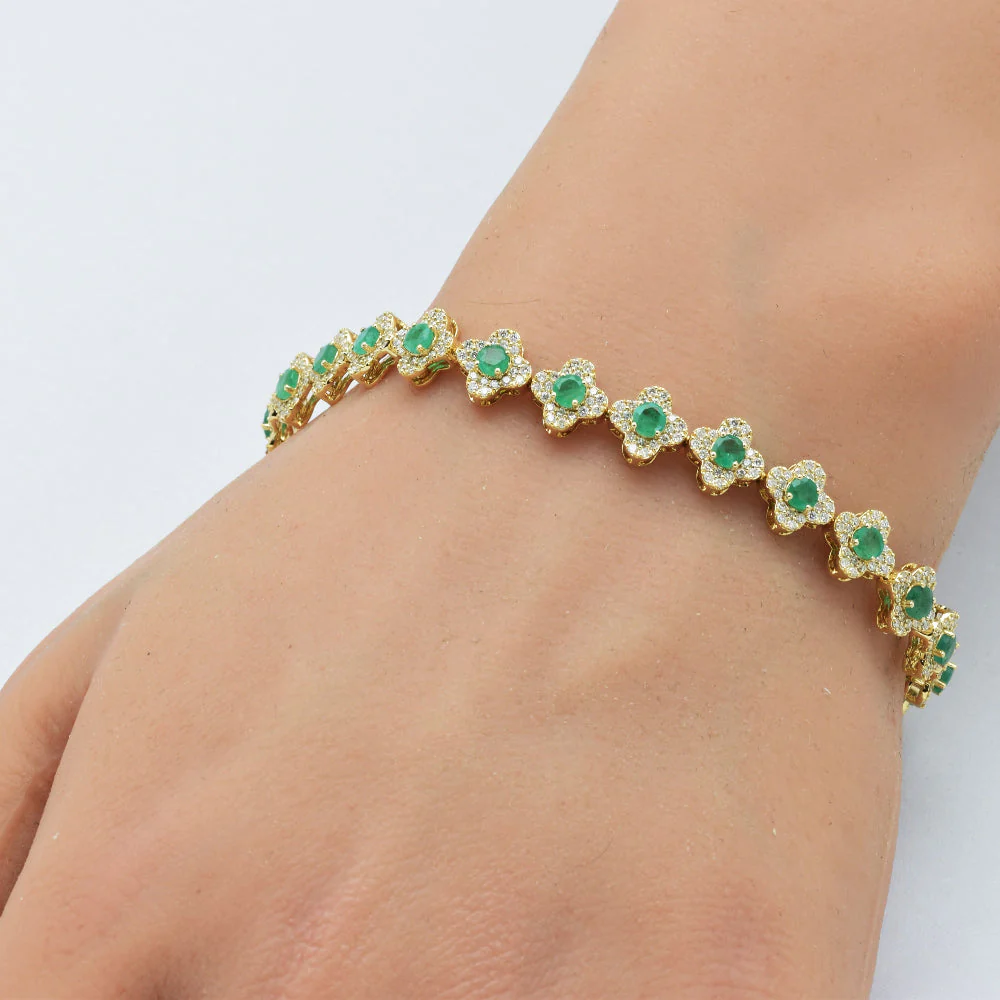 <span style="color:purple">SPECIAL!</span> 4.36ct G SI 14K Yellow Gold Round Diamond & Emerald Gemstone Clover Bracelet 7" - Image 2