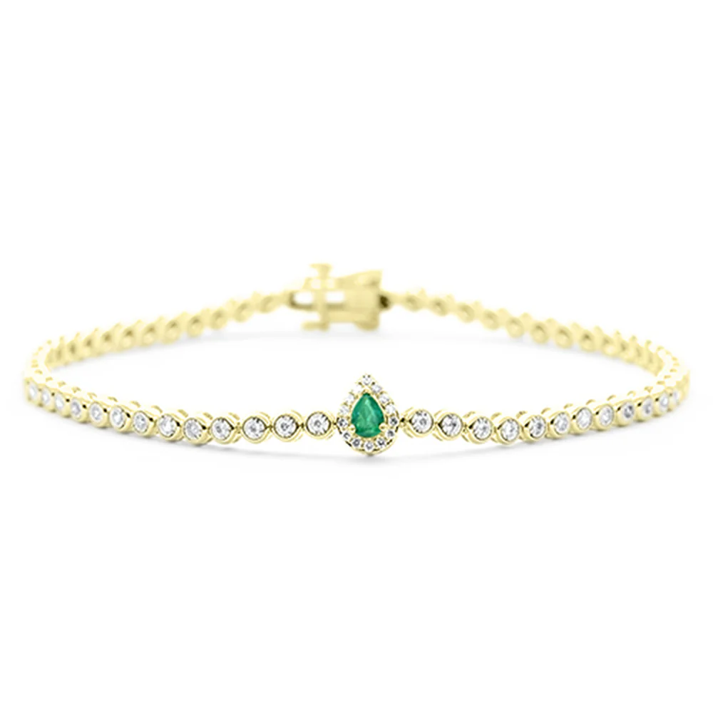 <span style="color:purple">SPECIAL!</span> .42ct G SI 14K Yellow Gold Round Diamond & Pear Shape Emerald Gemstone Bracelet 7"