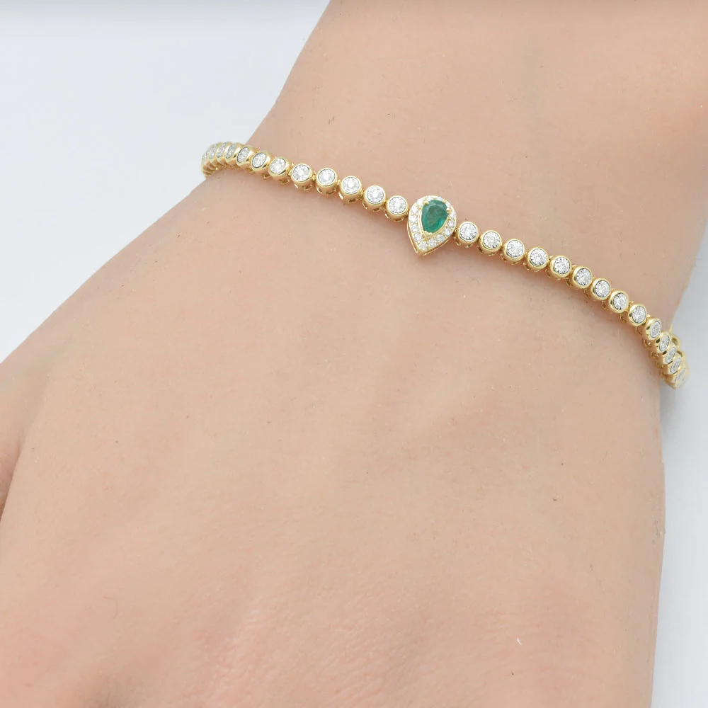 <span style="color:purple">SPECIAL!</span> .42ct G SI 14K Yellow Gold Round Diamond & Pear Shape Emerald Gemstone Bracelet 7" - Image 2
