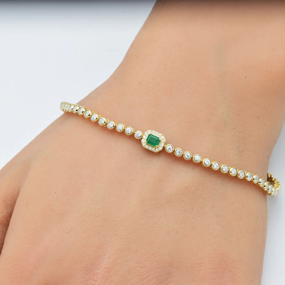 <span style="color:purple">SPECIAL!</span> .50ct G SI 14K Yellow Gold Round Diamond & Emerald Gemstone Bracelet 7" - Image 2