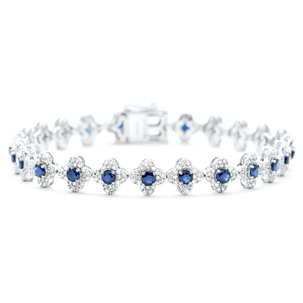 <span style="color:purple">SPECIAL!</span> 5.22ct G SI 14K White Gold Round Diamond & Blue Sapphire Gemstone Clover Bracelet 7"