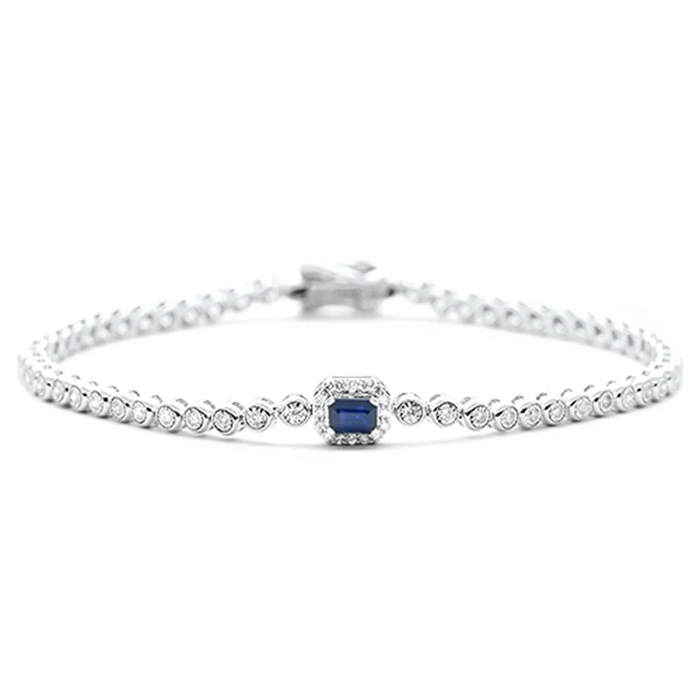 <span style="color:purple">SPECIAL!</span> .56ct G SI 14K White Gold Round Diamond & Blue Sapphire Gemstone Bracelet 7"