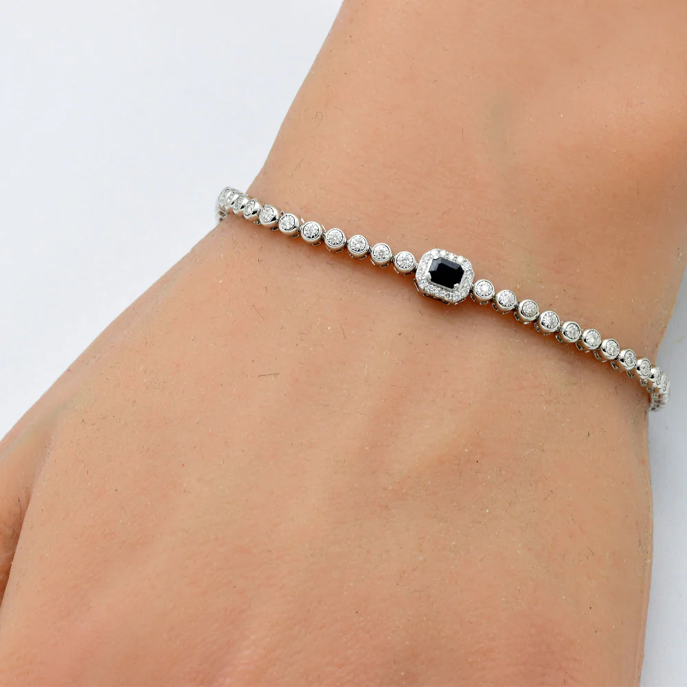 <span style="color:purple">SPECIAL!</span> .56ct G SI 14K White Gold Round Diamond & Blue Sapphire Gemstone Bracelet 7" - Image 2