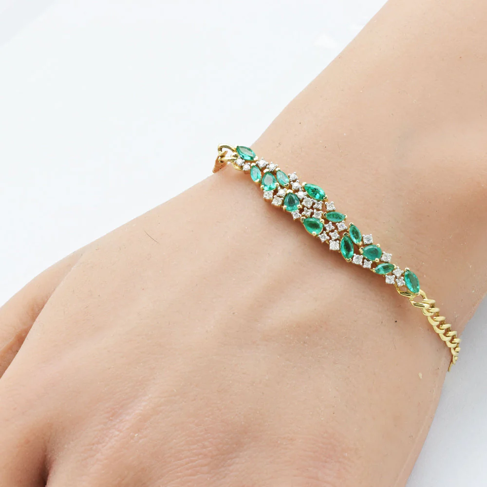 <span style="color:purple">SPECIAL!</span>1.76ct G SI 14K Yellow Gold Diamond & Emerald Gemstone Bracelet 7" Long - Image 2