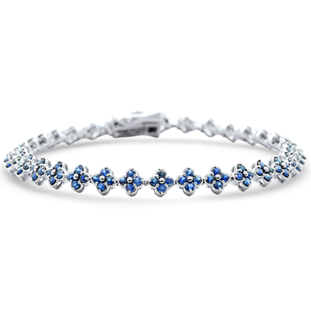 <span style="color:purple">SPECIAL!</span>3.51ct G SI 14K White Gold Blue Sapphire Gemstone Flower Bracelet 7" Long