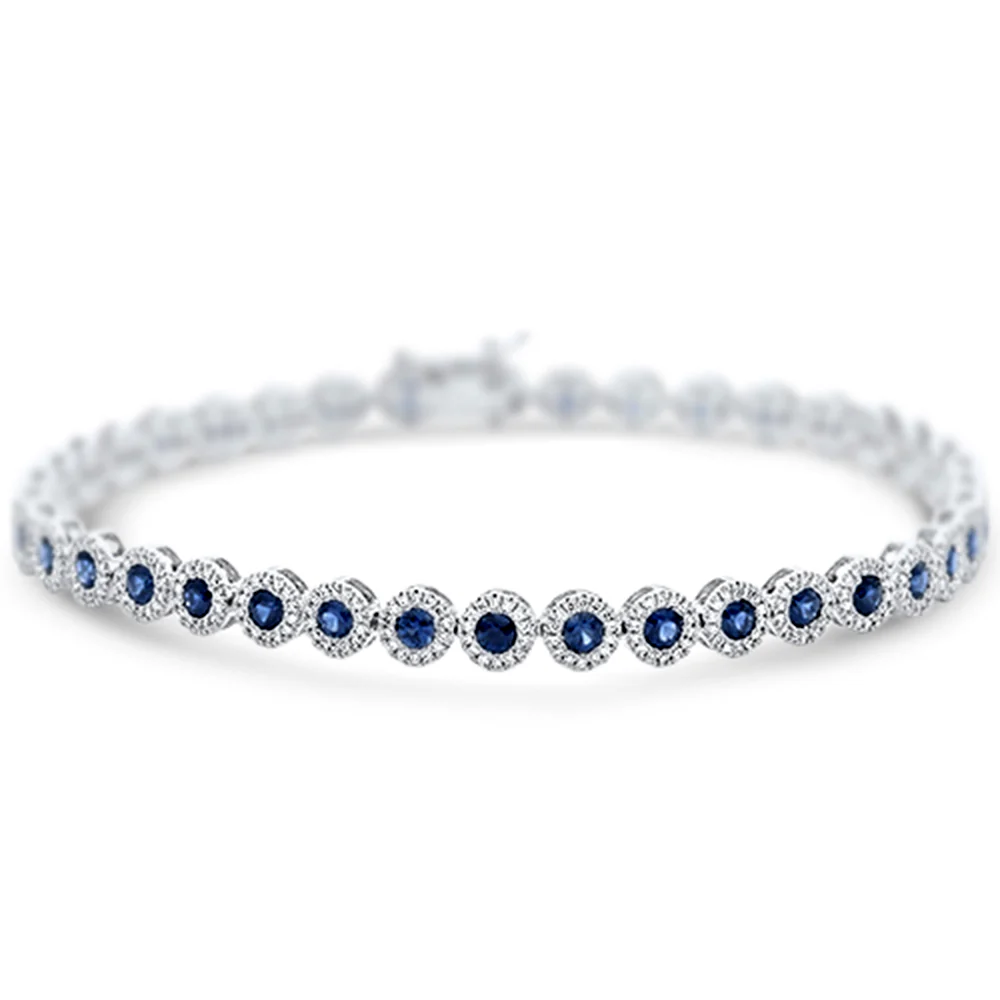 <span style="color:purple">SPECIAL!</span>3.75ct G SI 14K White Gold Diamond & Blue Sapphire Gemstone Bezel Halo Bracelet 7.25" Long