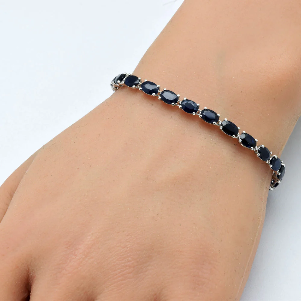 <span style="color:purple">SPECIAL!</span>14.26ct G SI 14K White Gold Oval Shape Blue Sapphire Gemstone Tennis Bracelet 7" Long - Image 2
