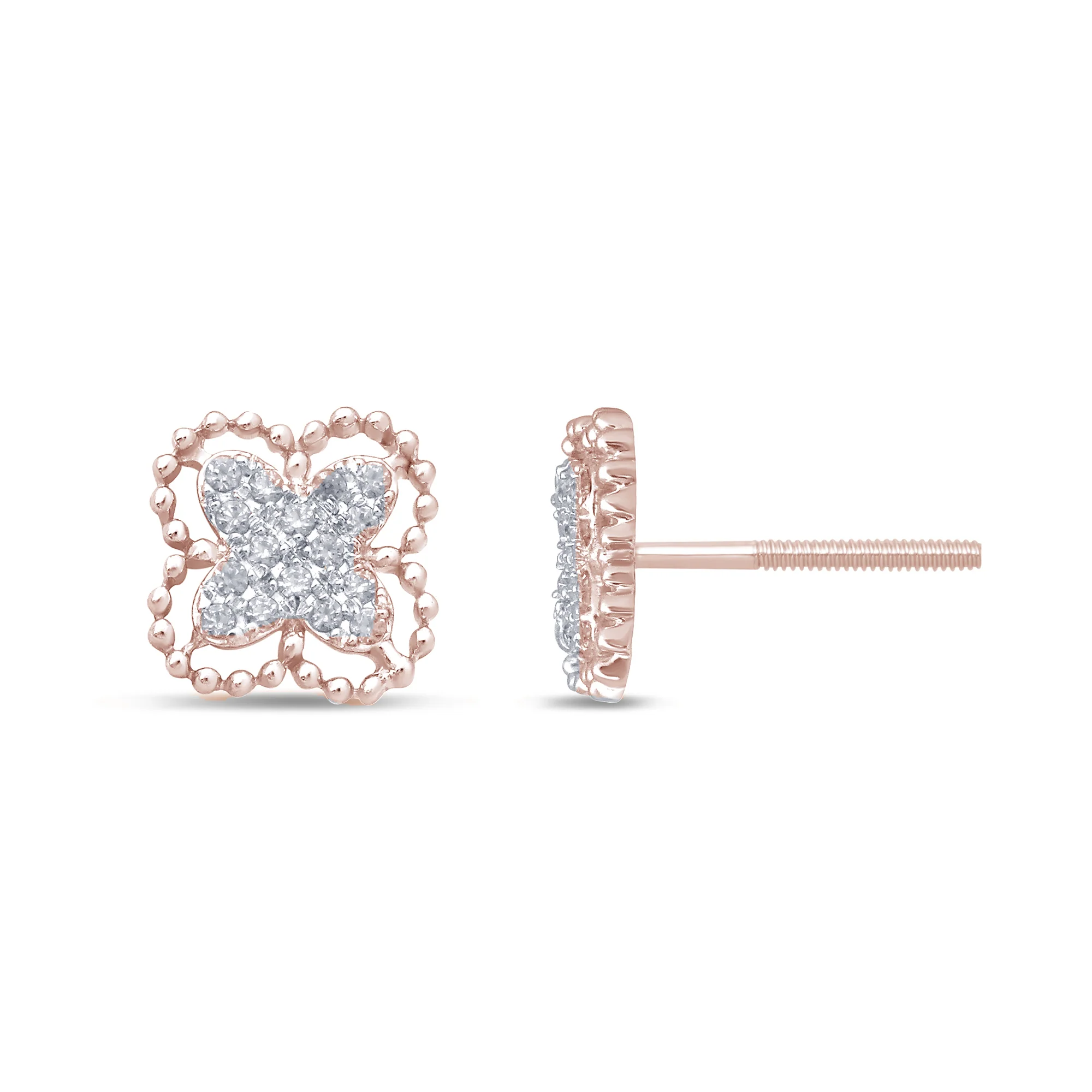 .13ct 14k Rose Gold Flower Clover Diamond Earrings