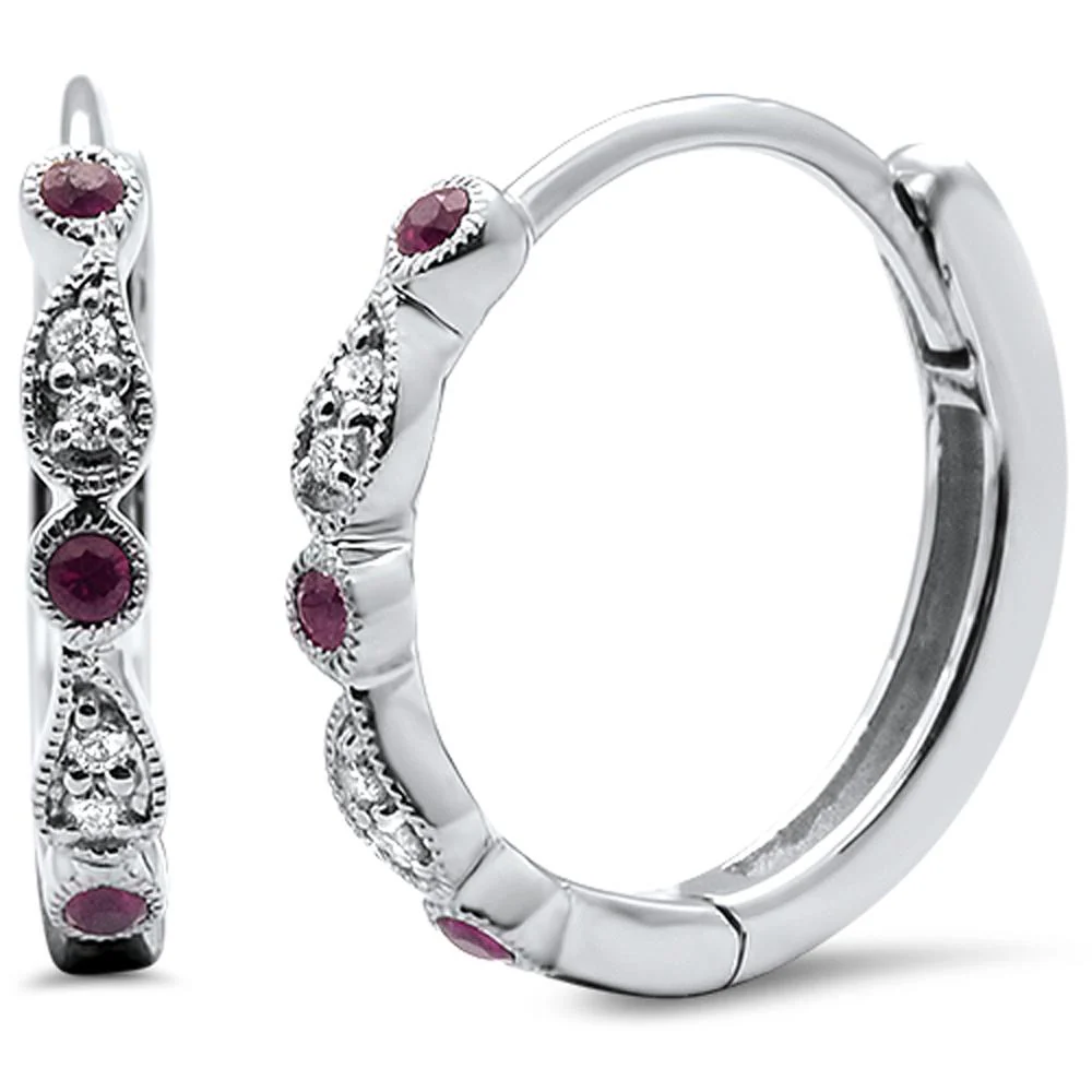 <span>GEMSTONE CLOSEOUT </span>! .31ct 14k White Gold Ruby & Diamond Hoop Antique Earrings