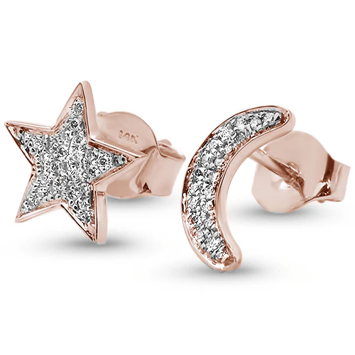 <span>DIAMOND CLOSEOUT! </span>.09ct 14kt Rose Gold Diamond Crescent Moon & Star Stud Earrings