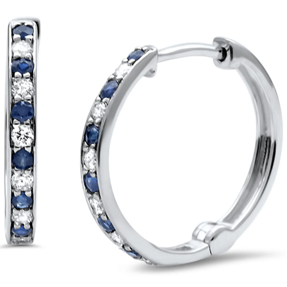 .31ct G SI 14K White Gold Blue Sapphire & Round Diamond Hoop Huggie Earrings